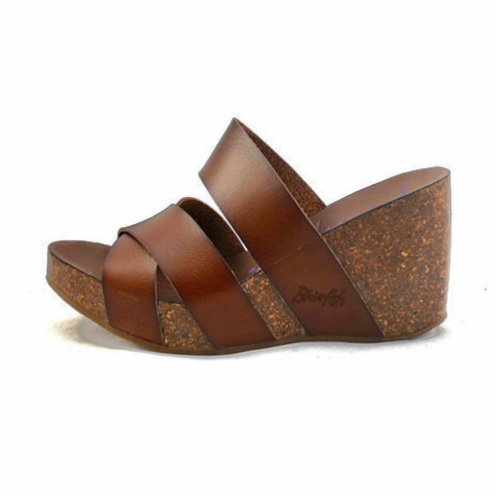 Blowfish Brown Leather Cork Wedge Platform Sandals Size 9 EUC